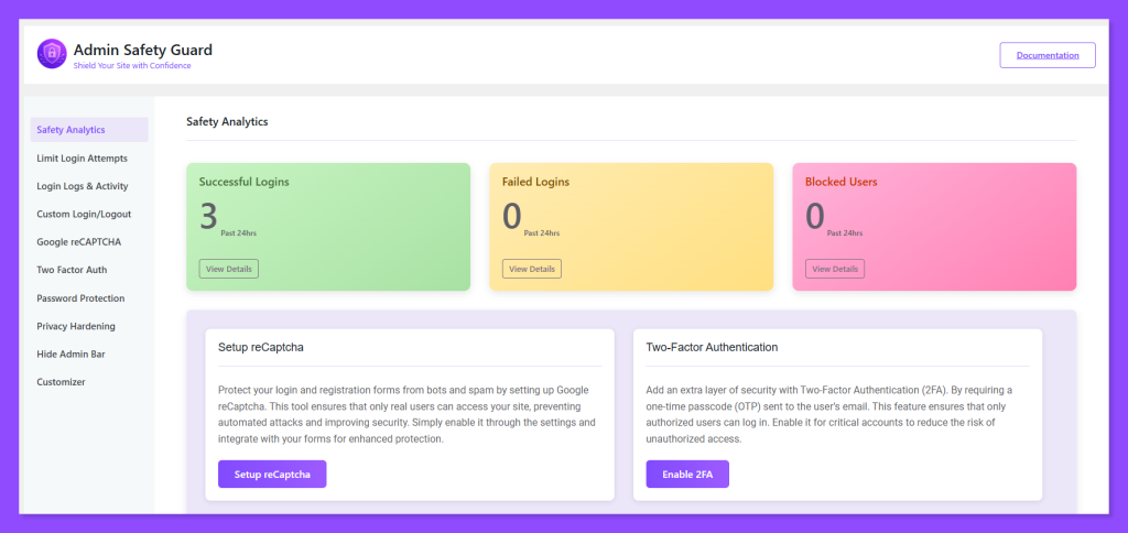 WordPress Admin safety Guard dashboard for WordPress admin security 