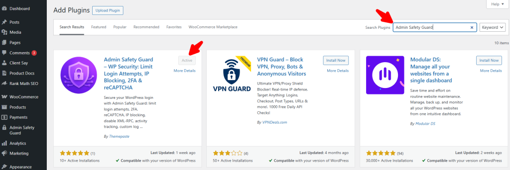 Installing and activating Admin Safety Guard plugin
