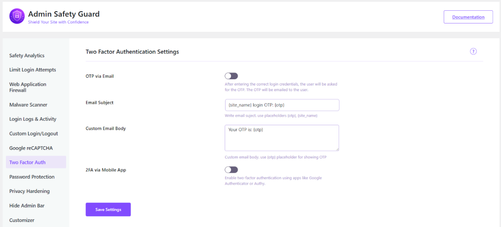 WordPress two-factor authentication feature in Admin Safety Guard plugin