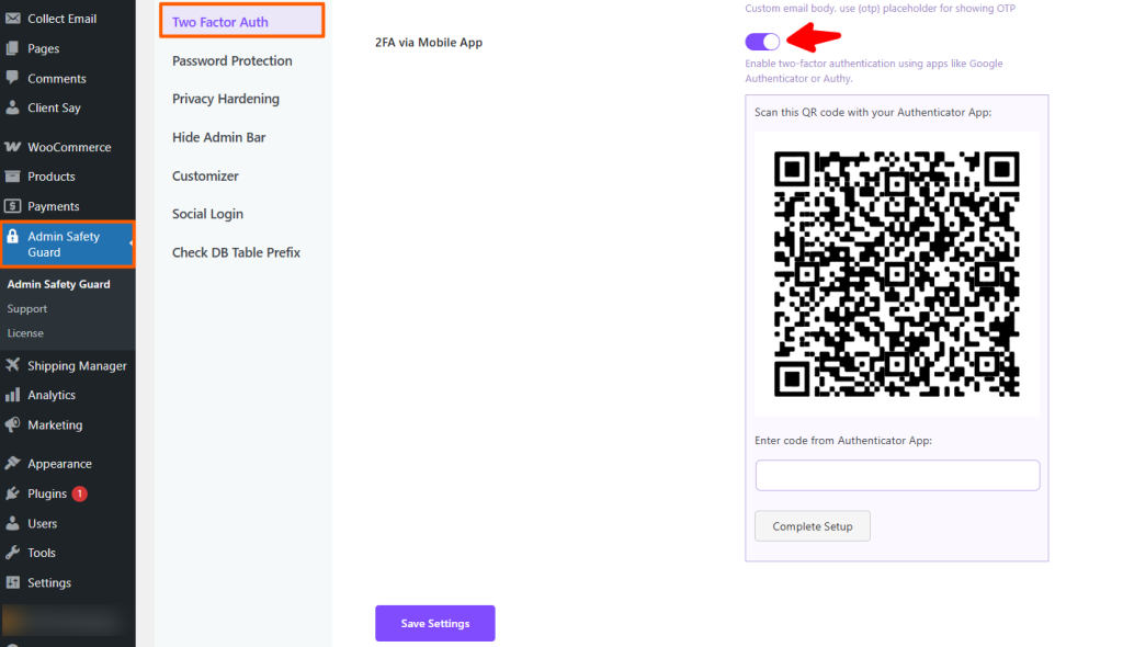 QR code scanning for WordPress two factor authentication using admin safety guard pro