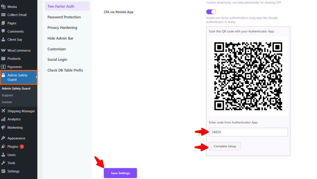 Saving the settings on admin safety guard plugin for two-factor authentication 