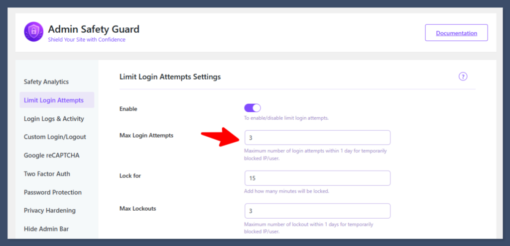 Setting the number of maximum login attempts for a user in Admin Safety Guard