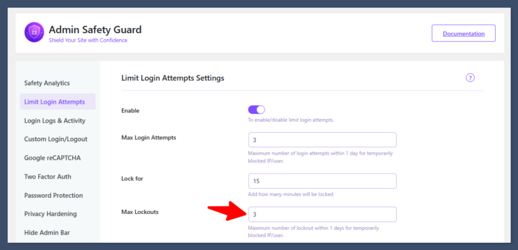Setting Maximum lockout attempts in Admin Safety Guard