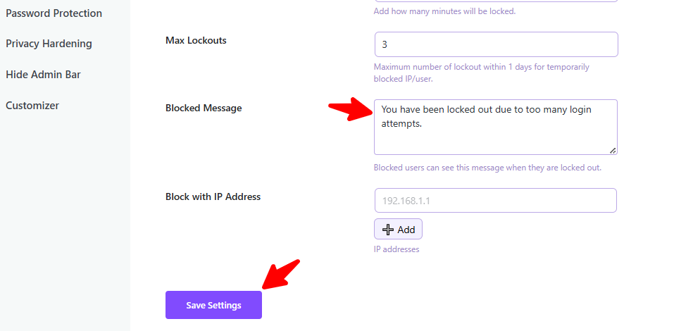 Setting blocked message in when setting limit login attempts in WordPress