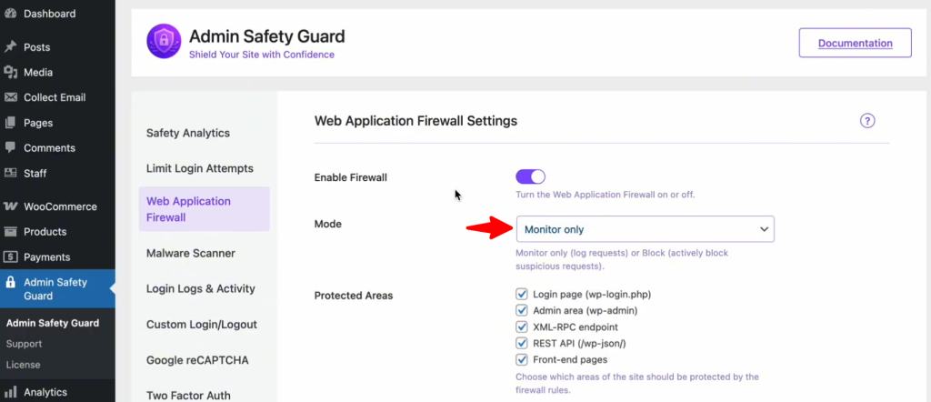 Monitor Mode on Admin safety guard web application firewall settings 