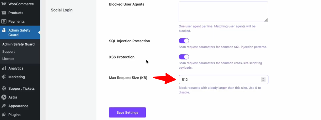 Put Maximum request size using Admin Safety Guard