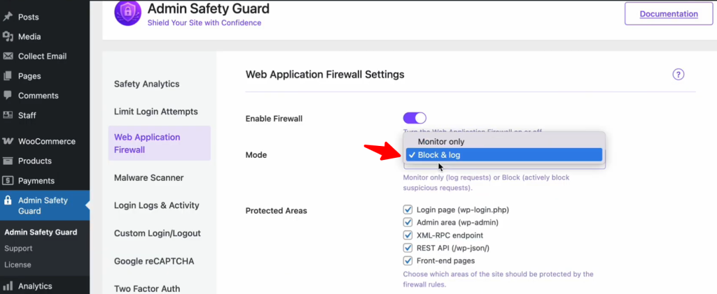 Monitor only and Block & log Modes for Web application Firewall 