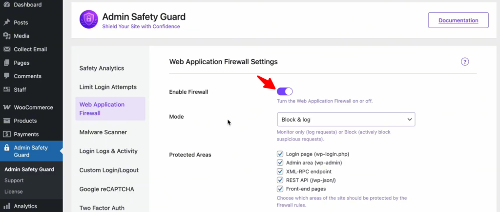 Enabling Admin safety Guard Web Application Firewall