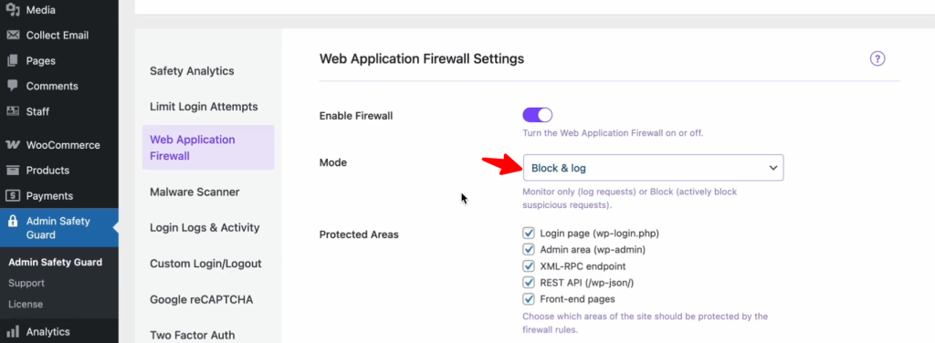 Block & Log Mode on Admin safety guard web application firewall settings 