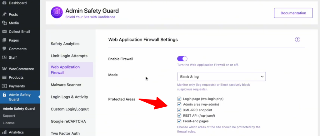 Protect specific areas in web application firewall 